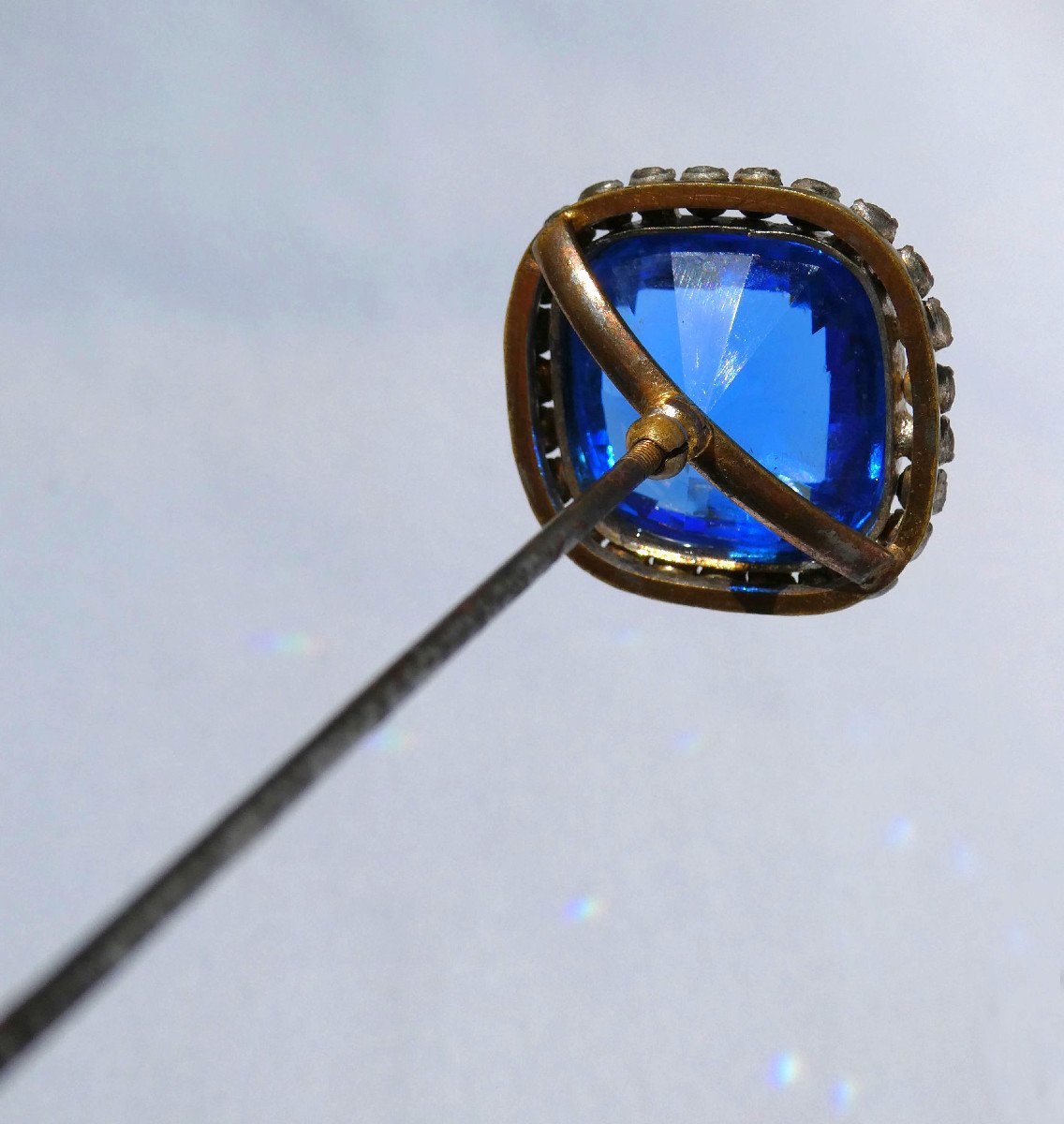 Large Hat Pin Art Nouveau Period, Blue Sapphire & Rhinestones, Hair Jewelry 1900-photo-3