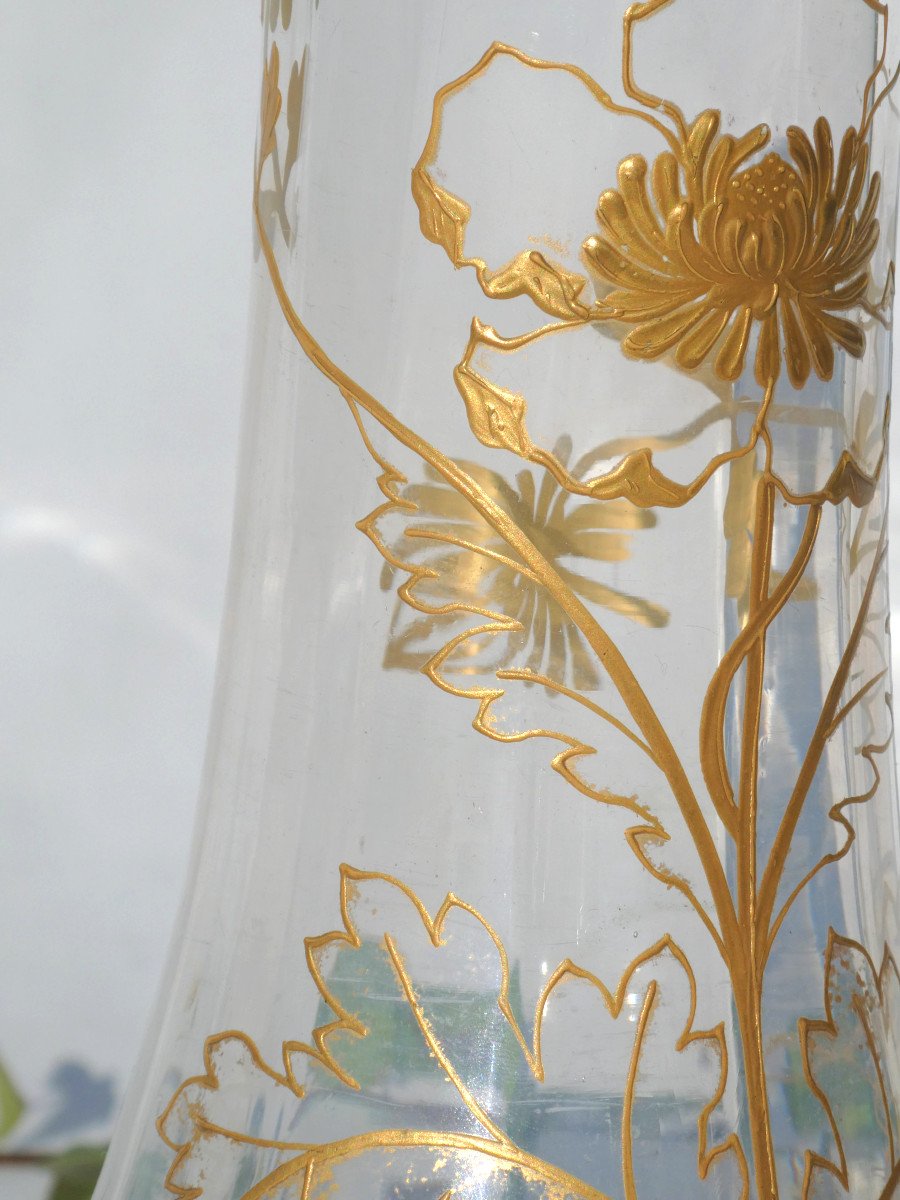 Diabolo Vase Enamelled By Baccarat, Hot Enameled Decor With Gilding, Japonism 1880-photo-3