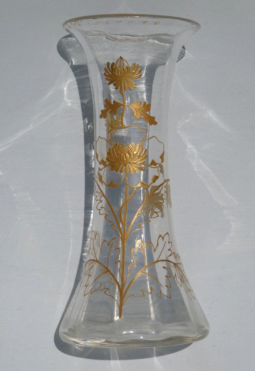 Diabolo Vase Enamelled By Baccarat, Hot Enameled Decor With Gilding, Japonism 1880