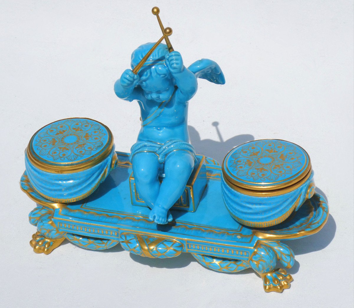 Encrier En Porcelaine Turquoise Style Sevres , Amour Au Tambours Angelot XVIIIe , Napoléon III-photo-3