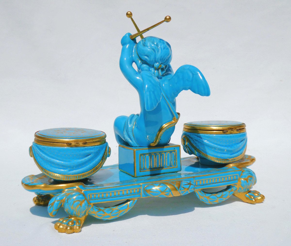 Encrier En Porcelaine Turquoise Style Sevres , Amour Au Tambours Angelot XVIIIe , Napoléon III-photo-4