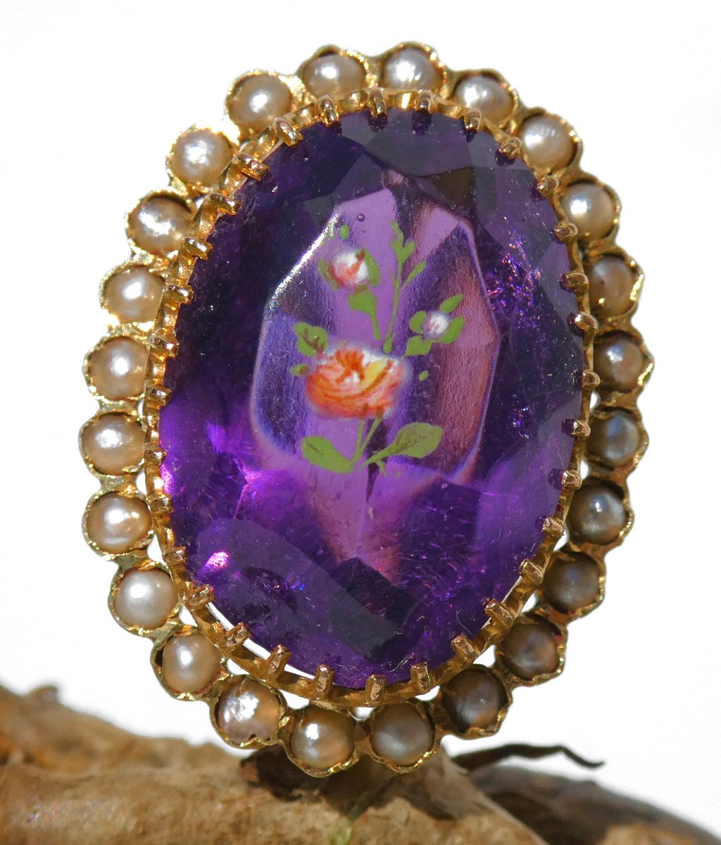 Louis Philippe Period Brooch, Gold, Pearls & Fixed Under Glass, Amethyst, 19th Century Jewel 1830-photo-2