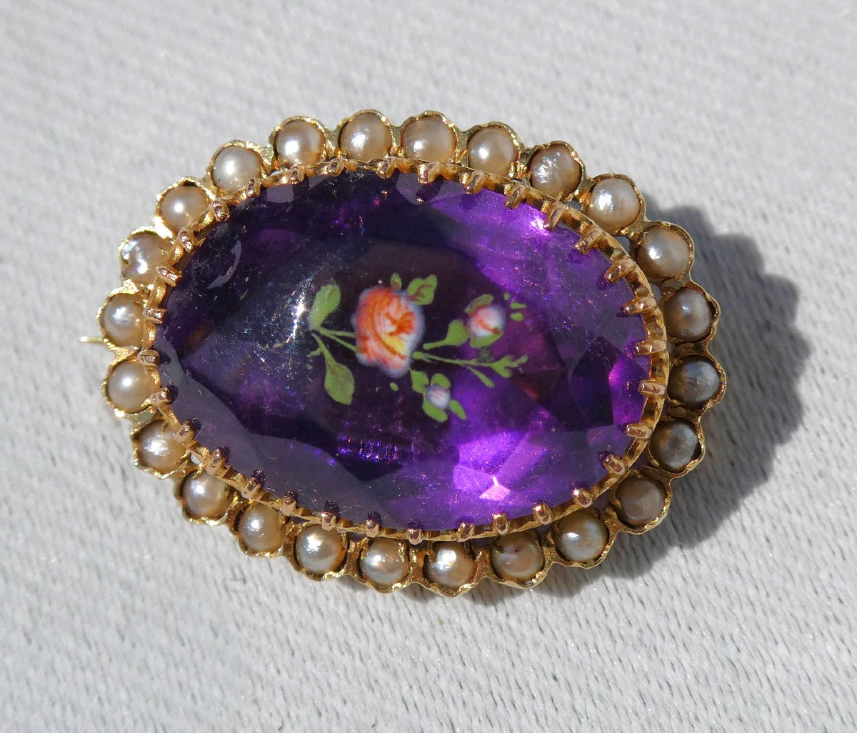 Louis Philippe Period Brooch, Gold, Pearls & Fixed Under Glass, Amethyst, 19th Century Jewel 1830-photo-4