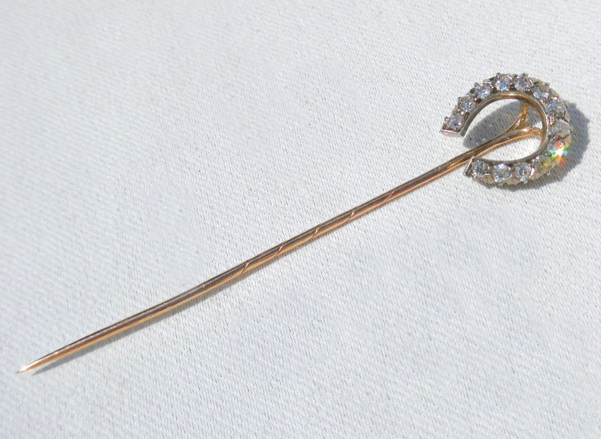 Tie Pin In Gold And Diamonds, 19th Century Jewelry, Horseshoe, Good Luck Charm-photo-3