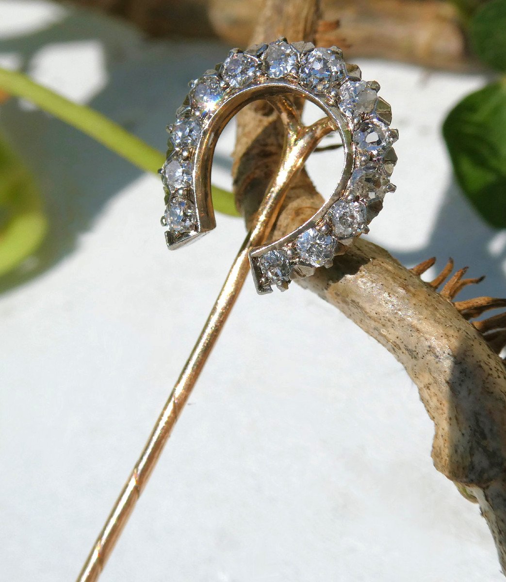 Tie Pin In Gold And Diamonds, 19th Century Jewelry, Horseshoe, Good Luck Charm