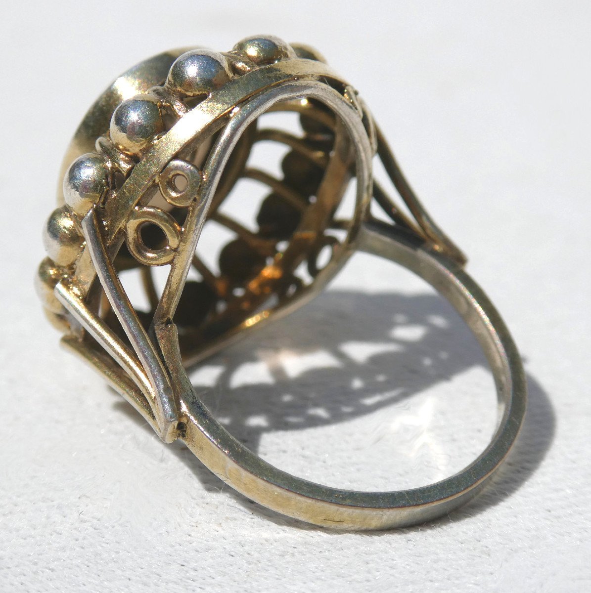 Bague Epoque Art Deco 1930 , Bijou Ancien , Monture En Argent Vermeil , Quartz Fumé-photo-1