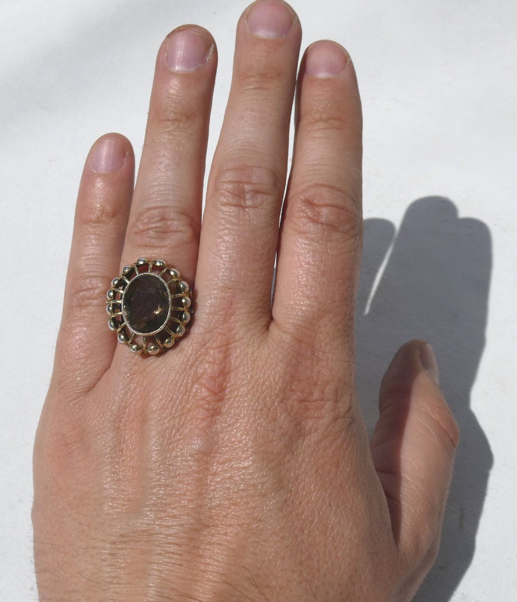 Bague Epoque Art Deco 1930 , Bijou Ancien , Monture En Argent Vermeil , Quartz Fumé-photo-5