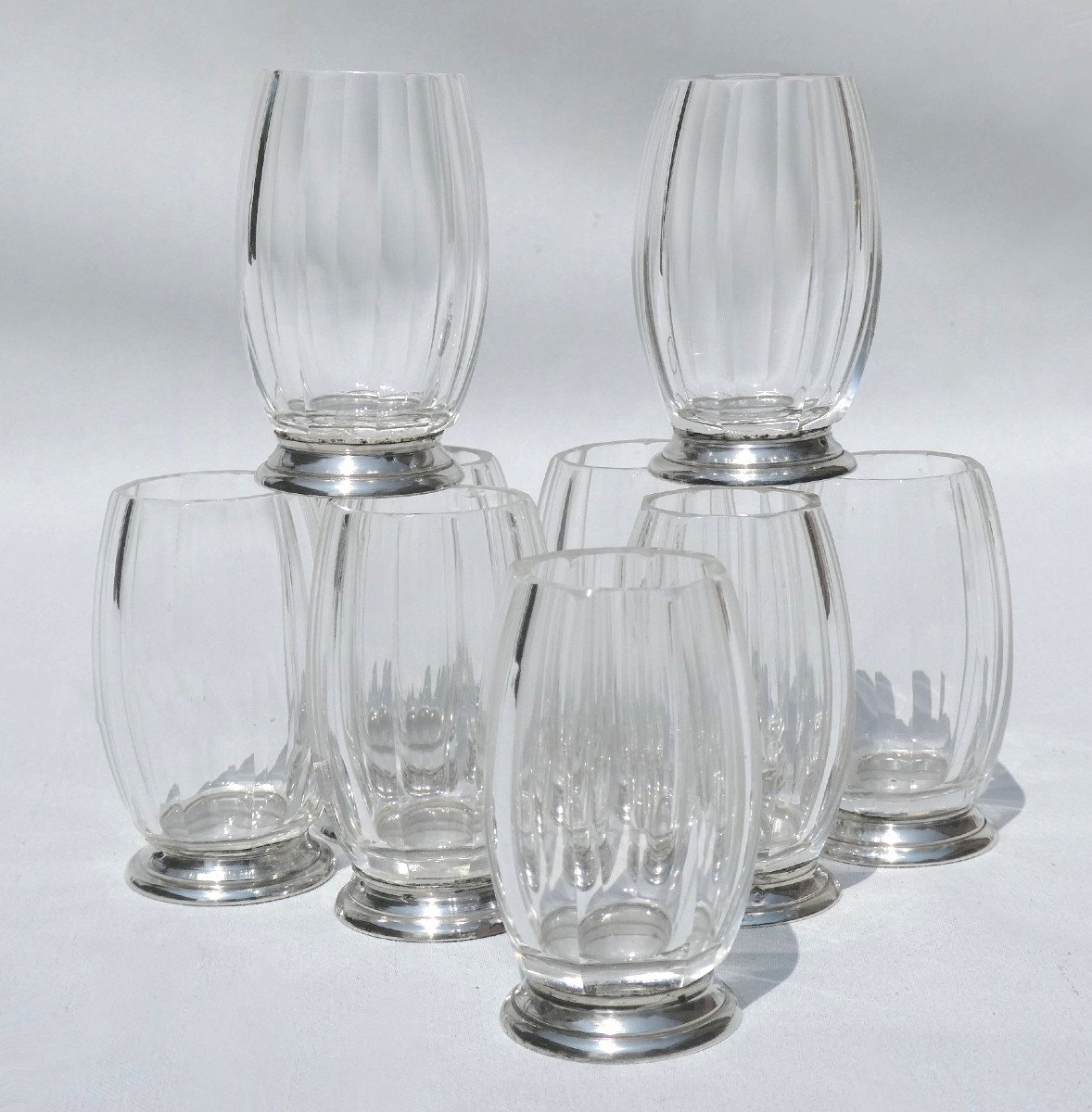 Series Of 9 Crystal & Sterling Silver Glasses, Art Deco Goblets, Vases, Table Runner 1920