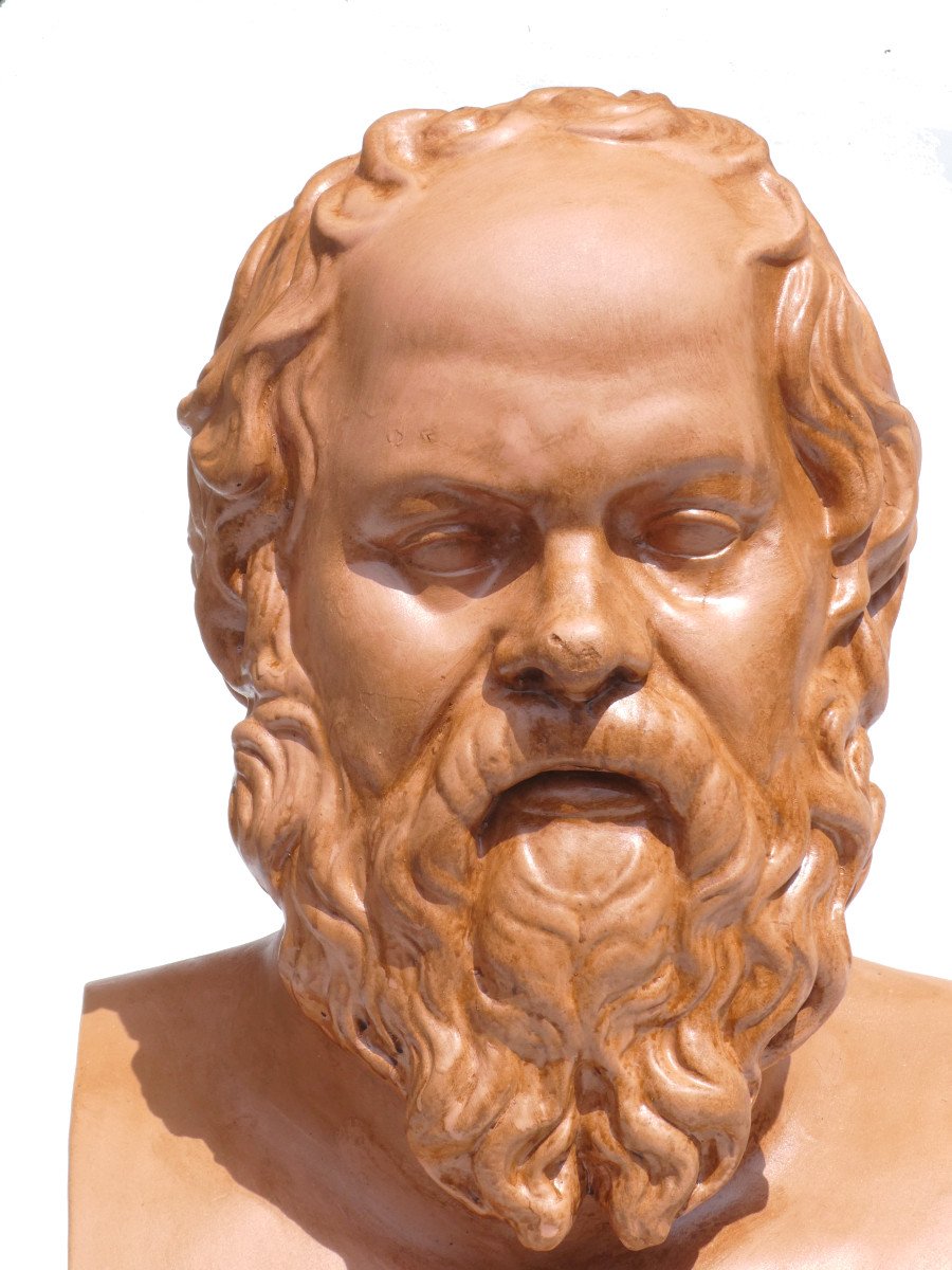 Large Bust In Patinated Plaster Terracotta Philosopher Socrates, 19th Century Artist's Workshop Casting-photo-1