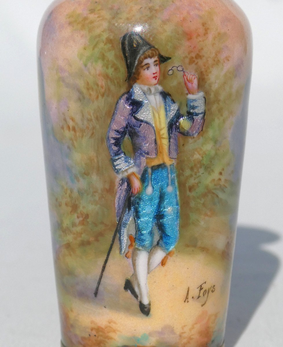 Vase Period 1900, Incredible 18th Century Style Decor Signed Albert Foys, Limoges Enamels-photo-2