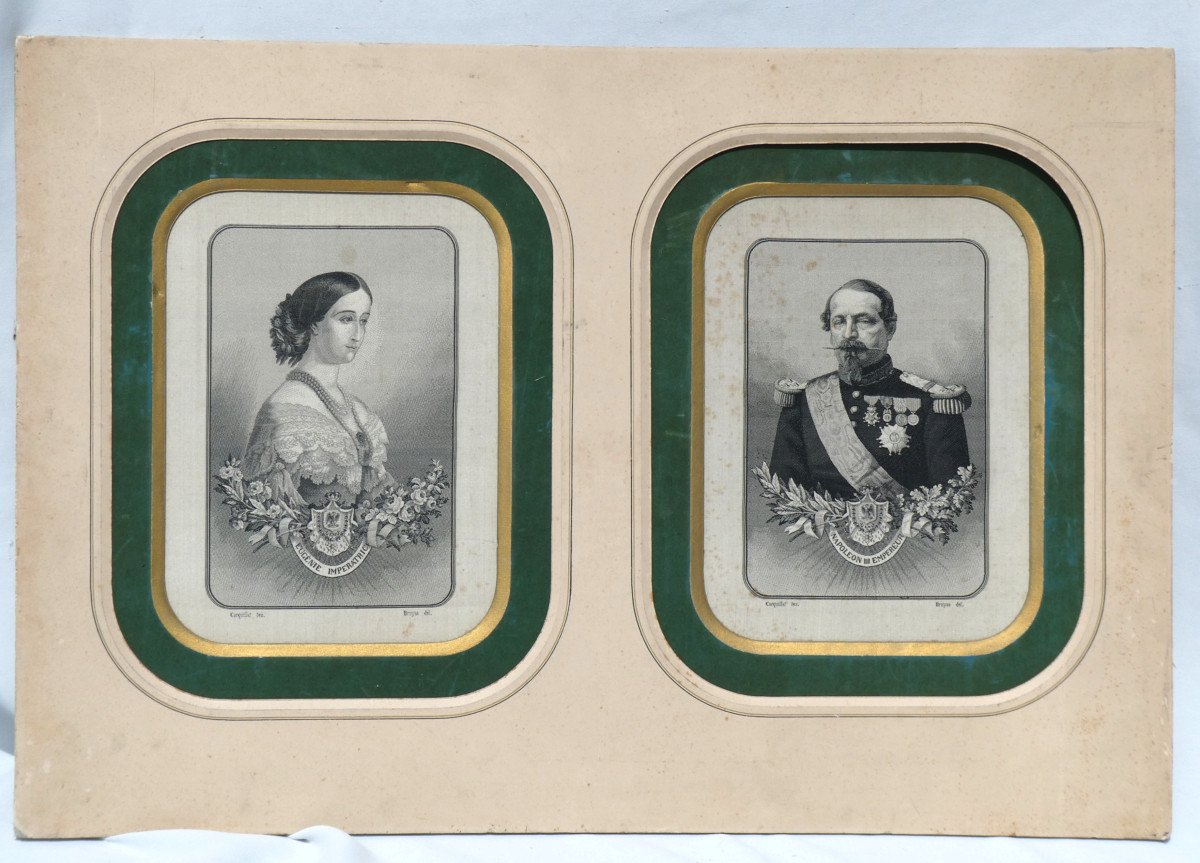 Pair Of Embroidery On Silk Portrait Of Emperor Napoleon III And Empress Eugenie Nineteenth