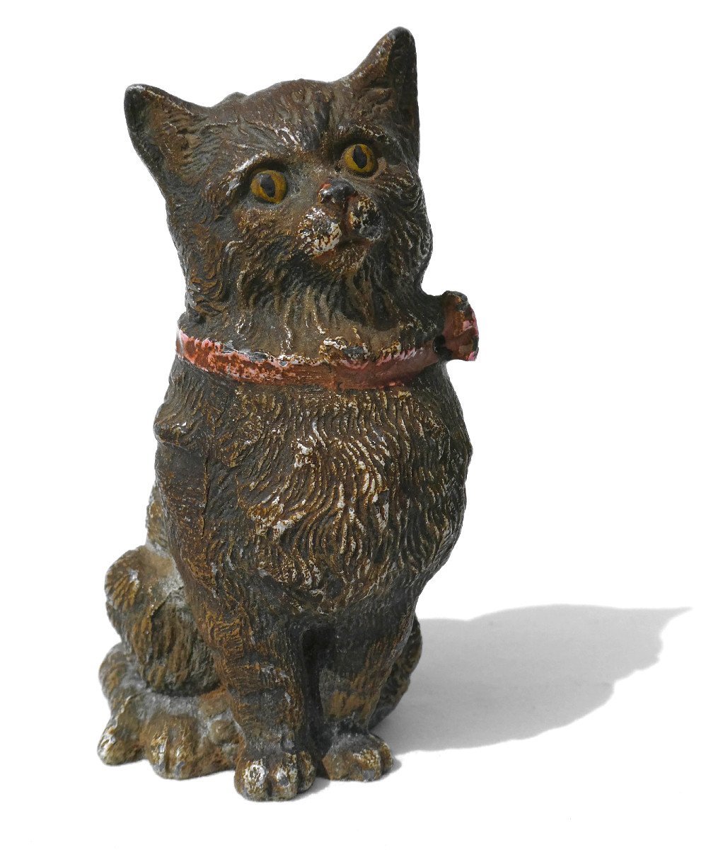 Lead Sculpture From Nuremberg, Cat With Ribbon 19th Century, Vienna Bronze Style -photo-2