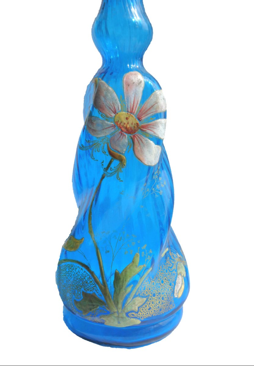 Enameled Glass Carafe, Theodore Legras, Art Nouveau Decor, 19th Century Dahlia, Turkish Blue-photo-3