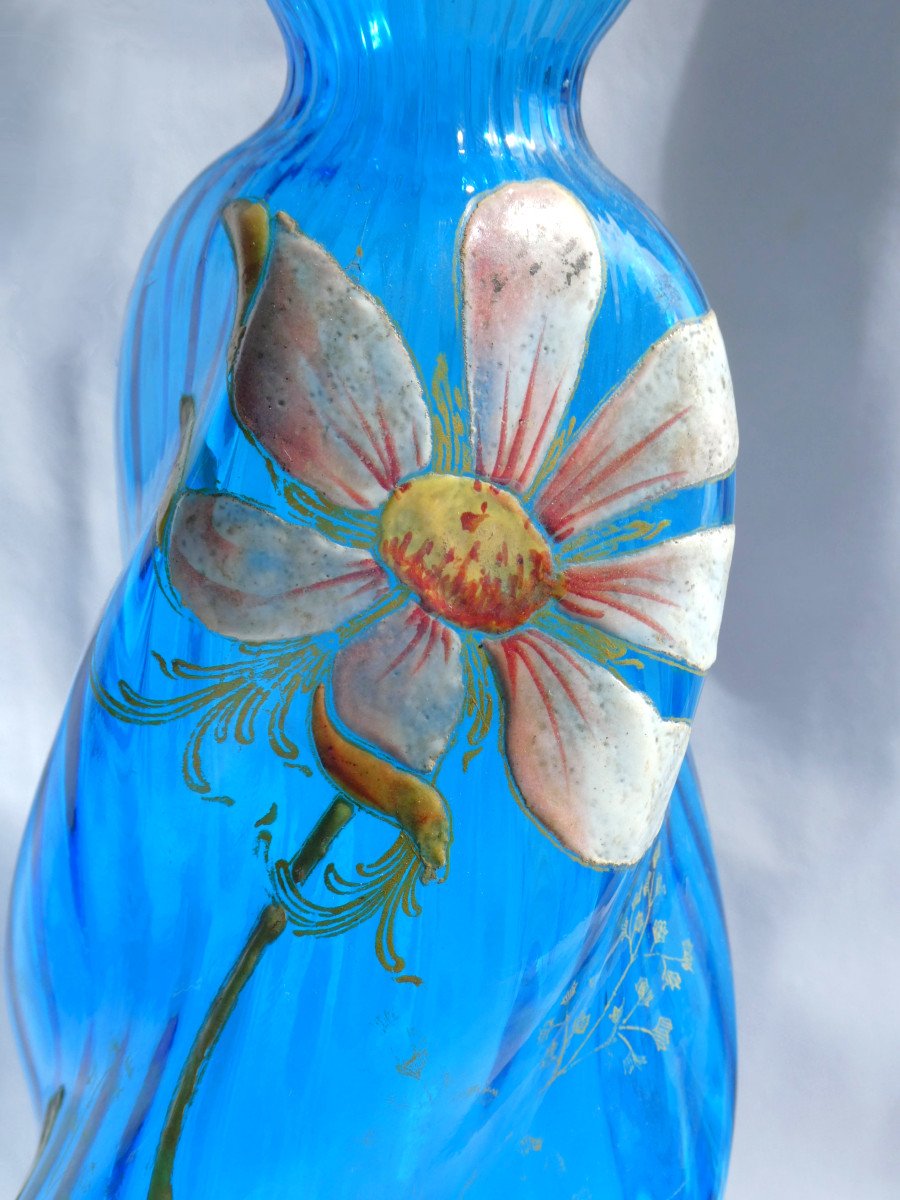 Enameled Glass Carafe, Theodore Legras, Art Nouveau Decor, 19th Century Dahlia, Turkish Blue-photo-4