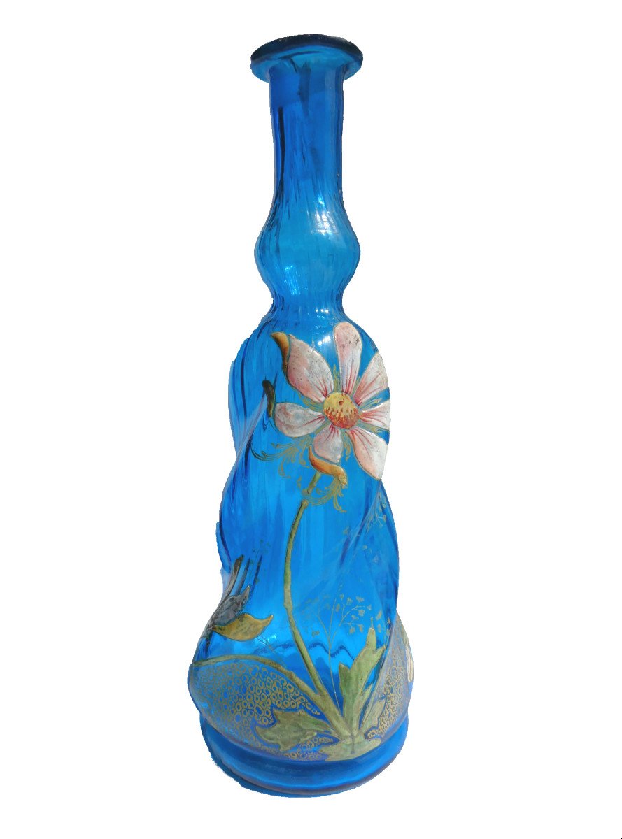 Enameled Glass Carafe, Theodore Legras, Art Nouveau Decor, 19th Century Dahlia, Turkish Blue