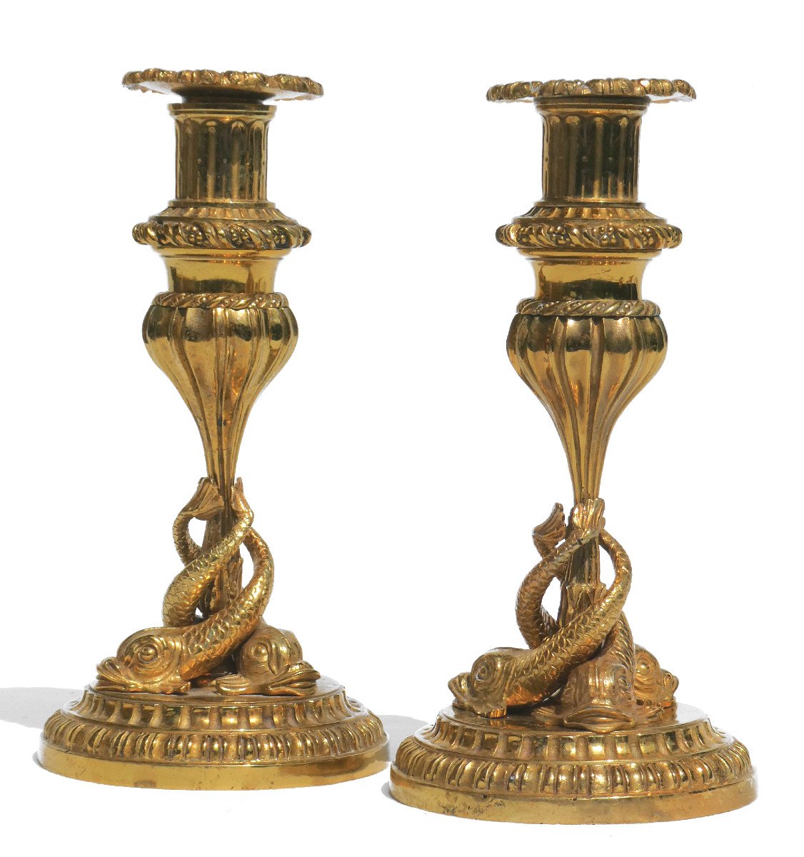 Pair Of Flambeau Candlesticks With Dolphin Claude-jean Pitoin Royalist Souvenir Marie Antoinette