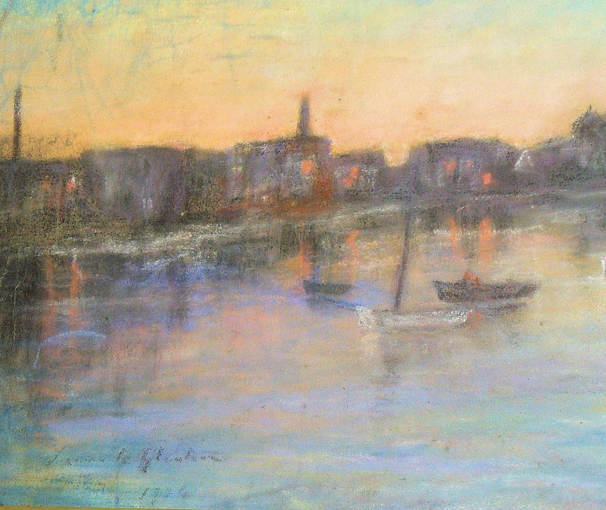 Pastel Encadré , Vue d'Un Port Au Crepuscule; Signé & Daté . Impressionnisme XIXe-photo-1