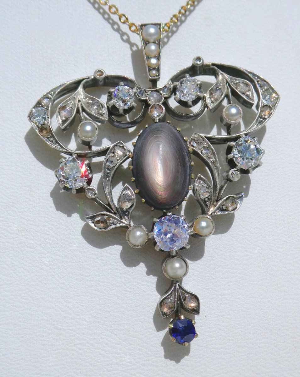 Trembleur Medallion / Art Nouveau Pendant Gold & Silver, Diamonds & Sapphire 19th Century Pearl Jewel-photo-3