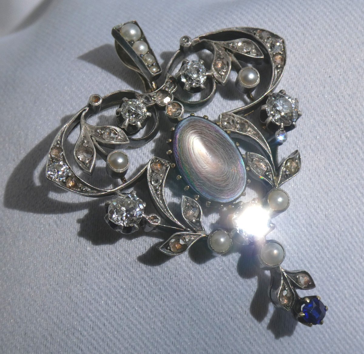 Trembleur Medallion / Art Nouveau Pendant Gold & Silver, Diamonds & Sapphire 19th Century Pearl Jewel-photo-1