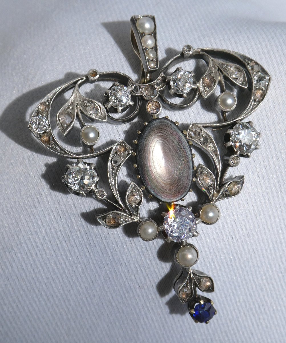 Trembleur Medallion / Art Nouveau Pendant Gold & Silver, Diamonds & Sapphire 19th Century Pearl Jewel-photo-2