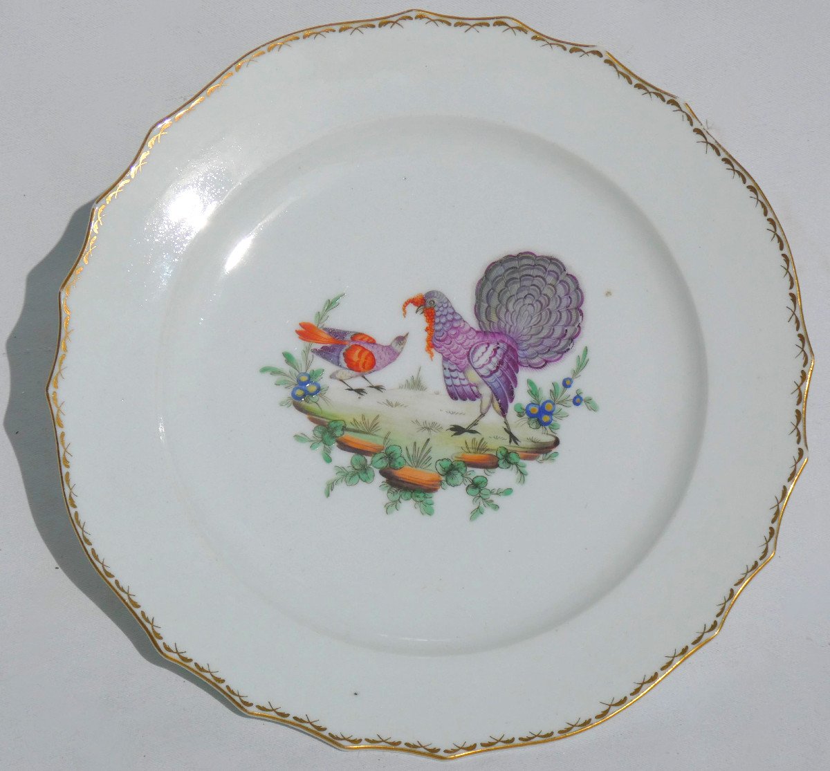 Series Of Six Lille Porcelain Plates, Manufacture Au Dauphin, 18th Century Bird Decor-photo-1