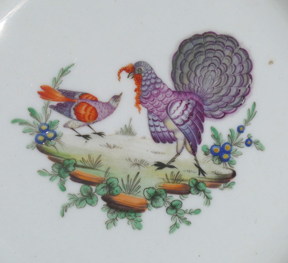 Series Of Six Lille Porcelain Plates, Manufacture Au Dauphin, 18th Century Bird Decor-photo-2