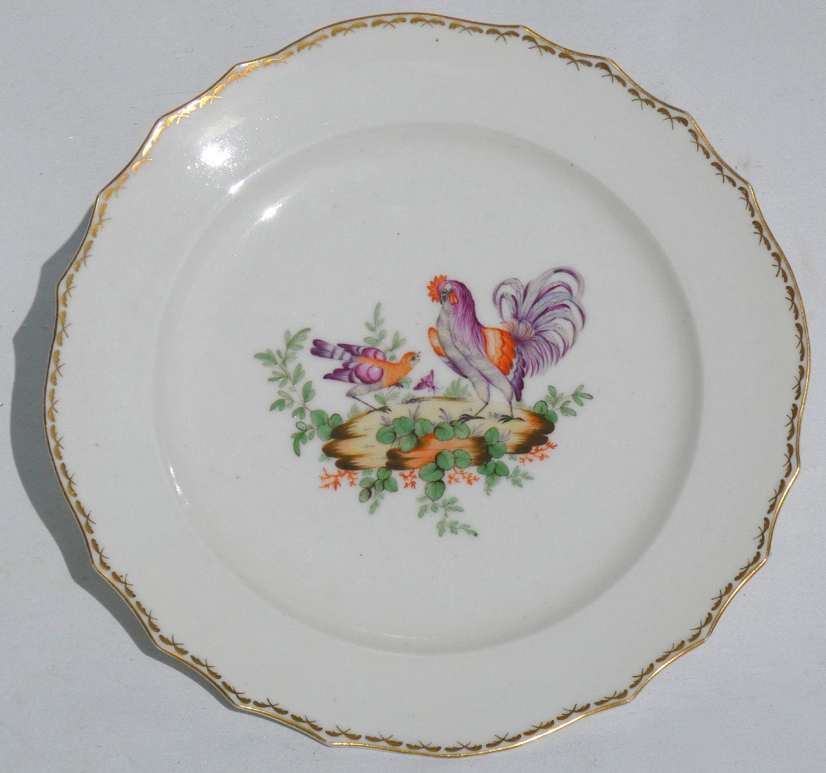 Series Of Six Lille Porcelain Plates, Manufacture Au Dauphin, 18th Century Bird Decor-photo-5