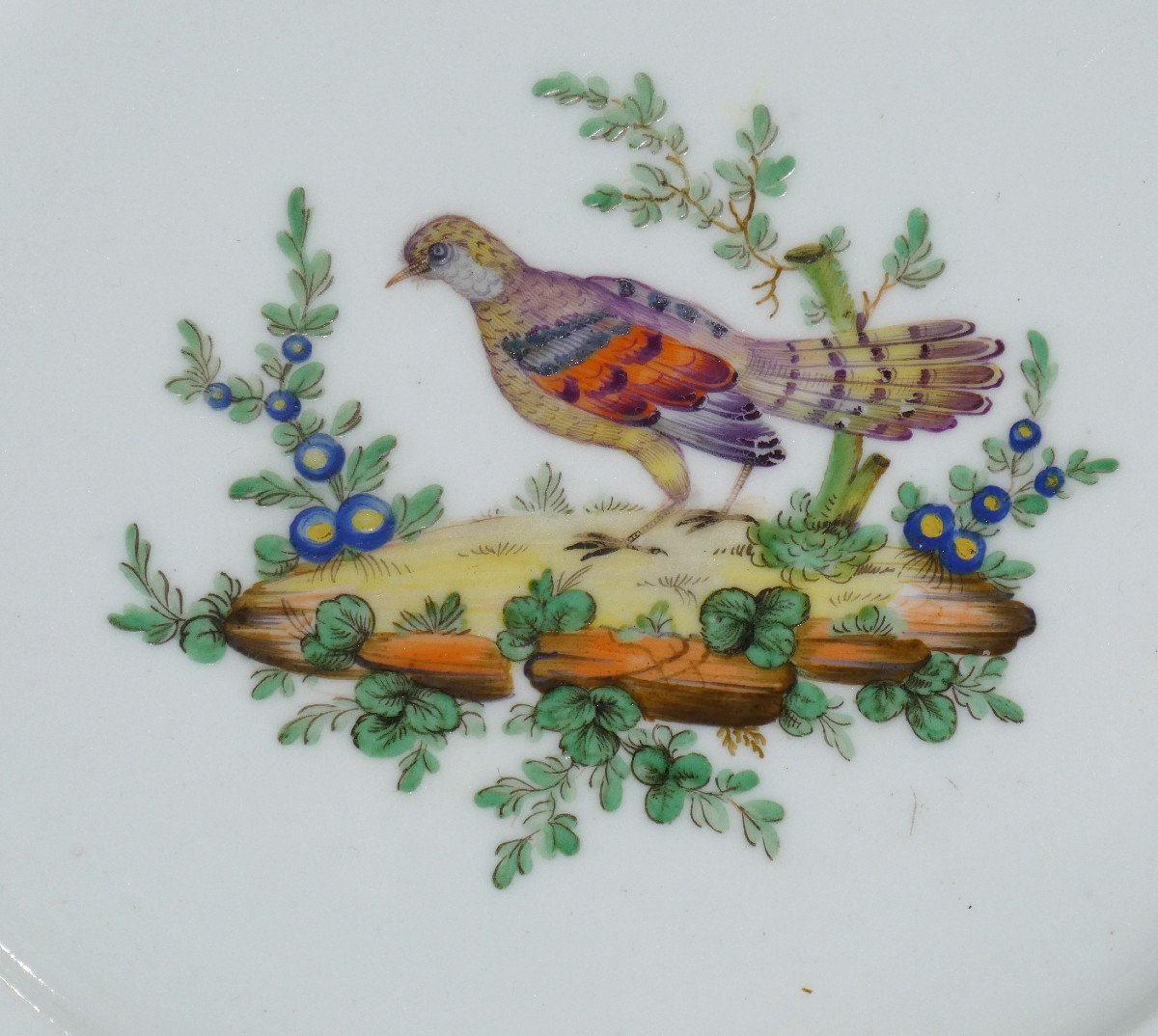 Series Of Six Lille Porcelain Plates, Manufacture Au Dauphin, 18th Century Bird Decor-photo-7