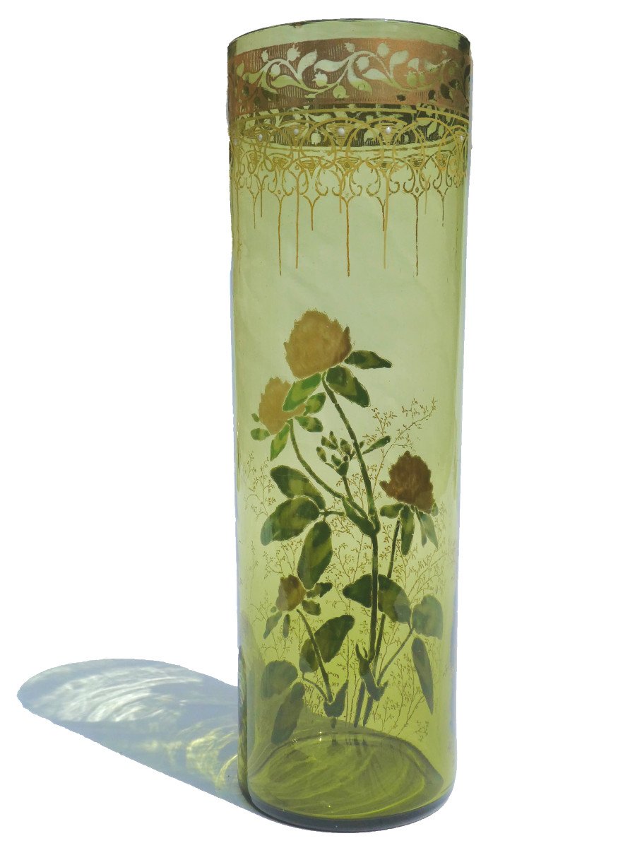 Vase Rouleau En Verre Emaillé , Theodore Legras / Montjoye XIXe , Art Nouveau Décor Floral 1900-photo-2