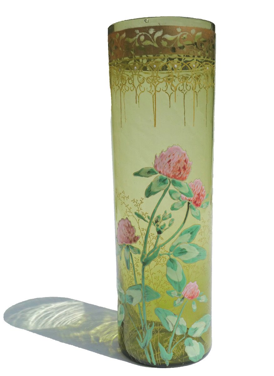 Vase Rouleau En Verre Emaillé , Theodore Legras / Montjoye XIXe , Art Nouveau Décor Floral 1900