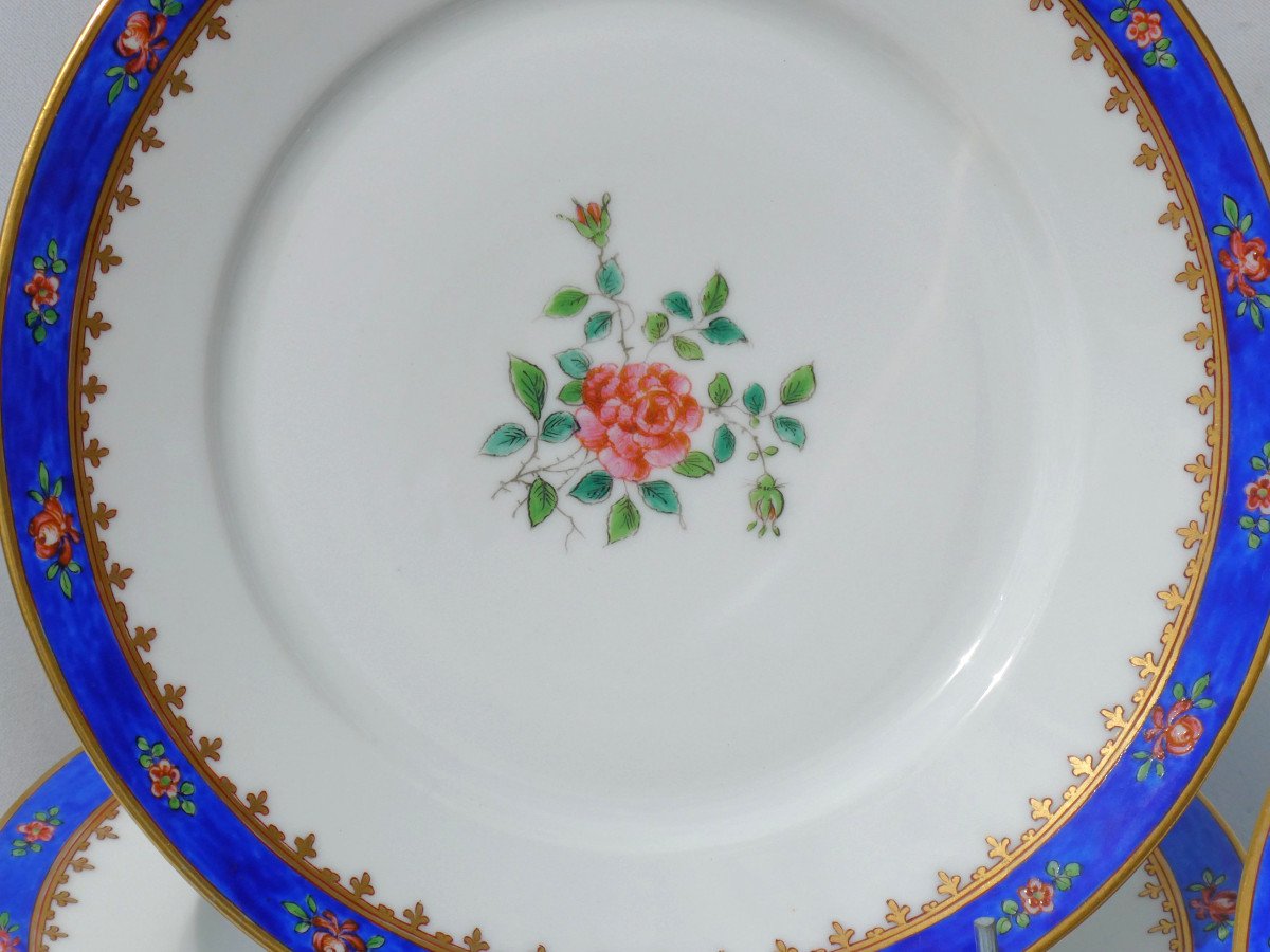 Series Of Limoges Porcelain Plates, 18th Century Style, Rose Decor, Samson 19th Century-photo-2