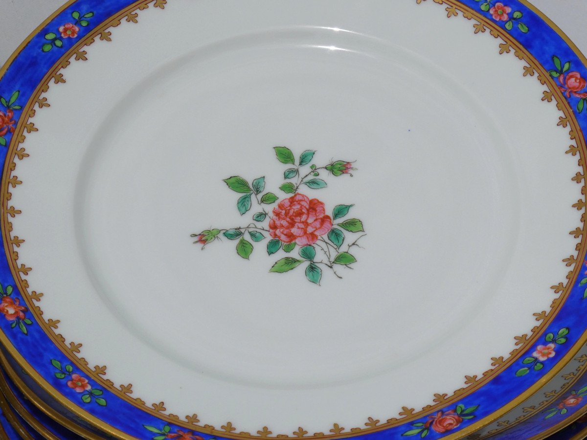 Series Of Limoges Porcelain Plates, 18th Century Style, Rose Decor, Samson 19th Century-photo-3