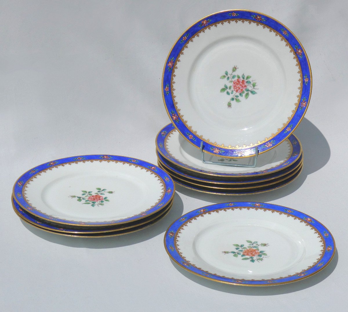 Series Of Limoges Porcelain Plates, 18th Century Style, Rose Decor, Samson 19th Century-photo-1