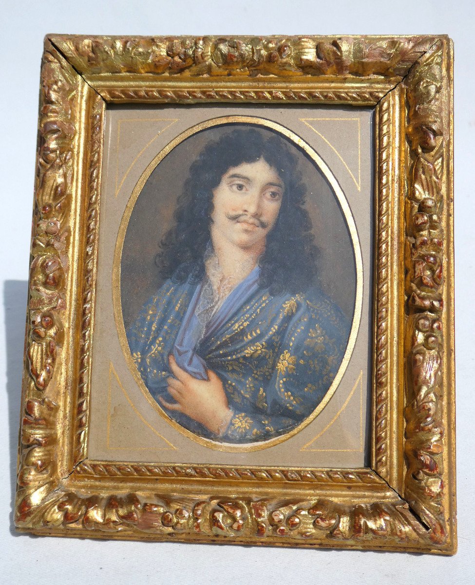 Portrait De Moliere , Miniature Peinte à l'Aquarelle , Cadre En Bois Doré XVIIIe , Poquelin