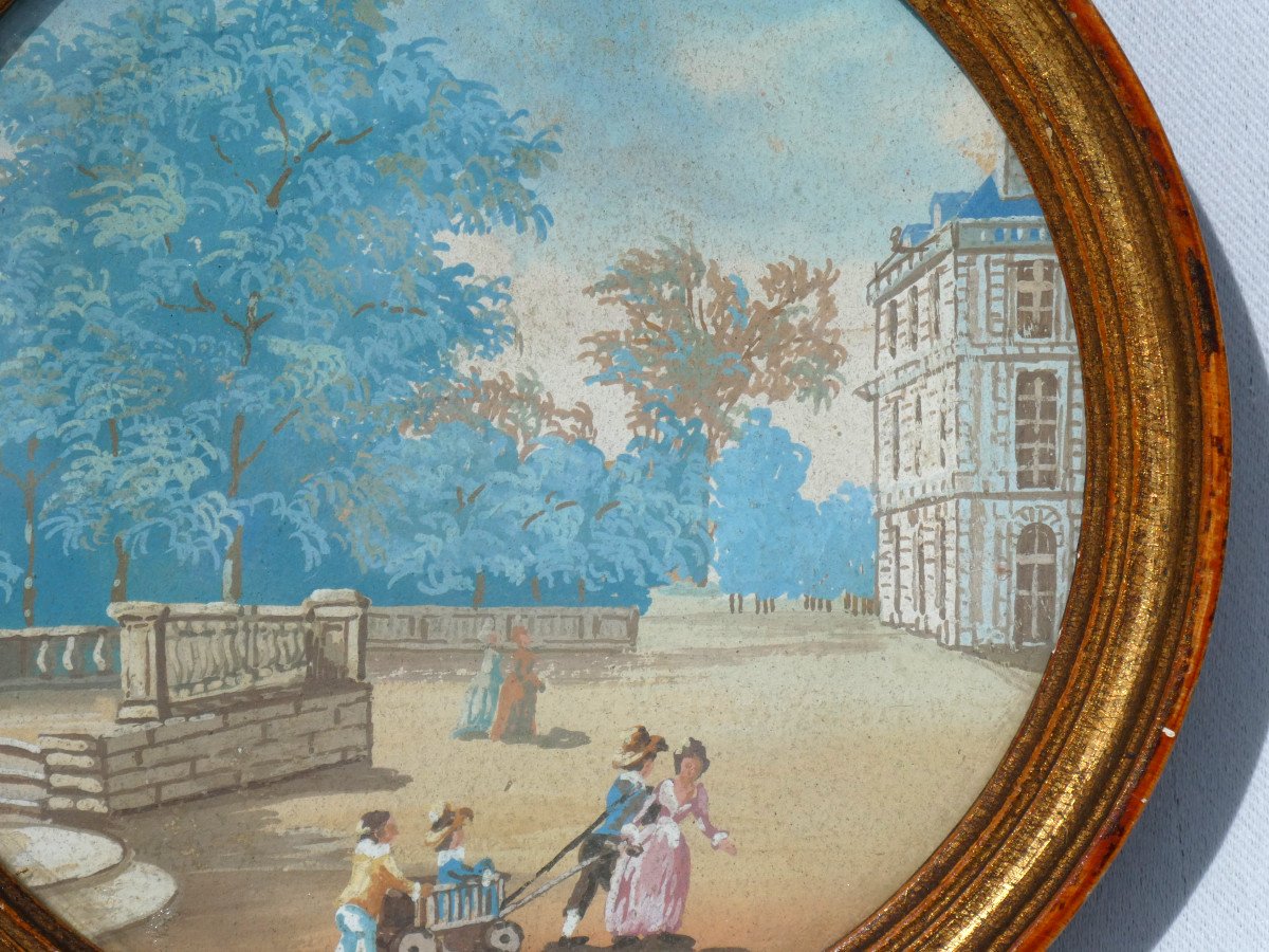 Gouache XIXe , Format Tondo , Enfants XVIIIe Charette Dans Un Parc , Chateau De Versailles-photo-3