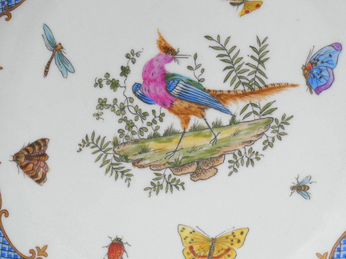 Large 19th Century Porcelain Dish Herend Rothschild, 18th Century Style Decor Of Birds & Butterflies -photo-2