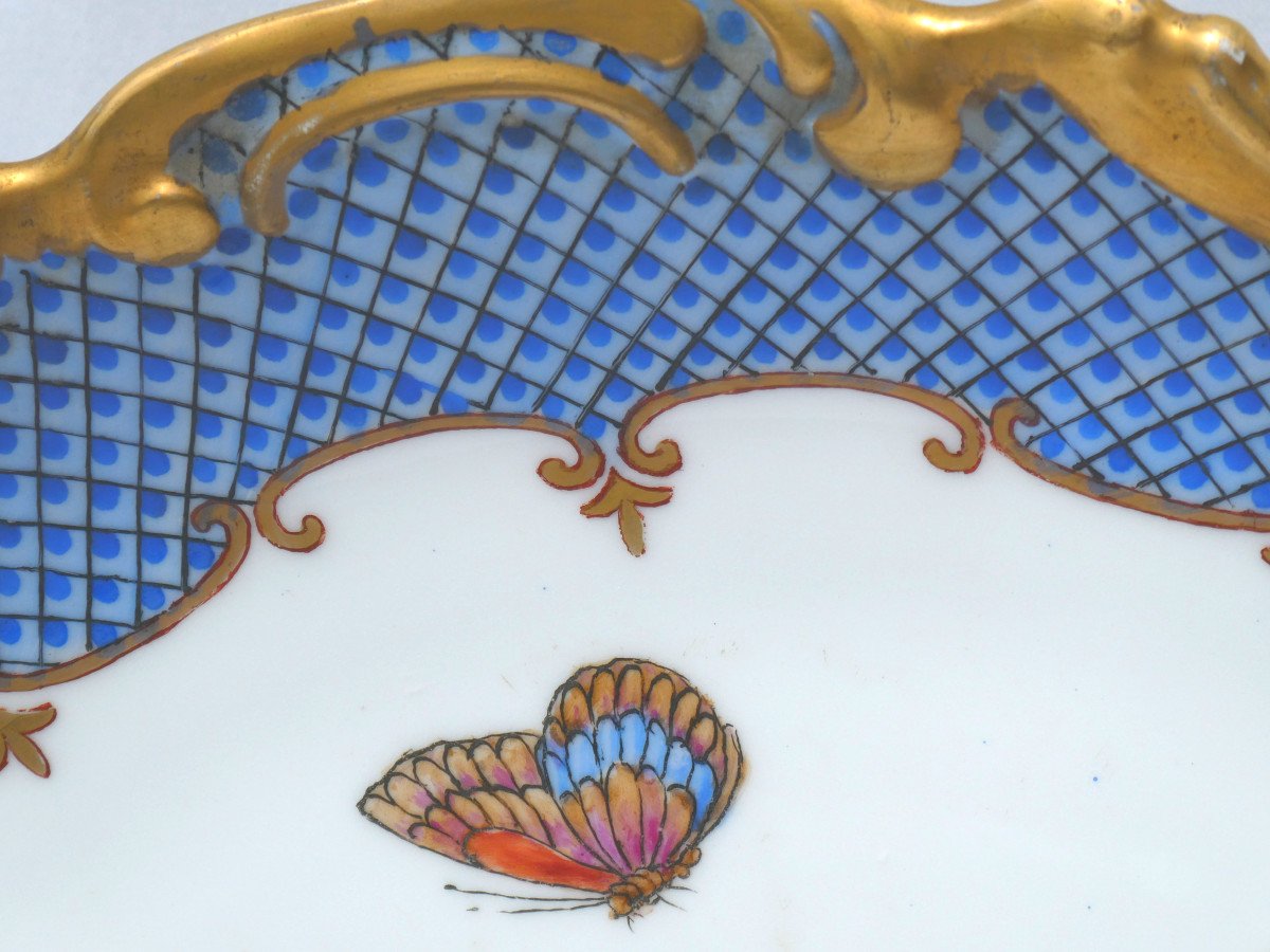 Large 19th Century Porcelain Dish Herend Rothschild, 18th Century Style Decor Of Birds & Butterflies -photo-1