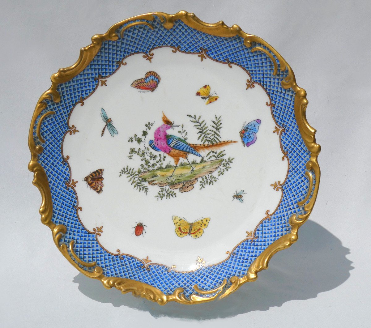 Large 19th Century Porcelain Dish Herend Rothschild, 18th Century Style Decor Of Birds & Butterflies 