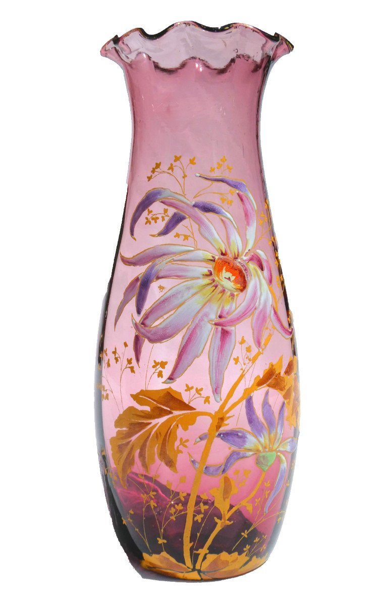 Vase Seoul En Verre émaillé , Theodore Legras , époque 1900 Style Art Nouveau XIXe , Dahlia