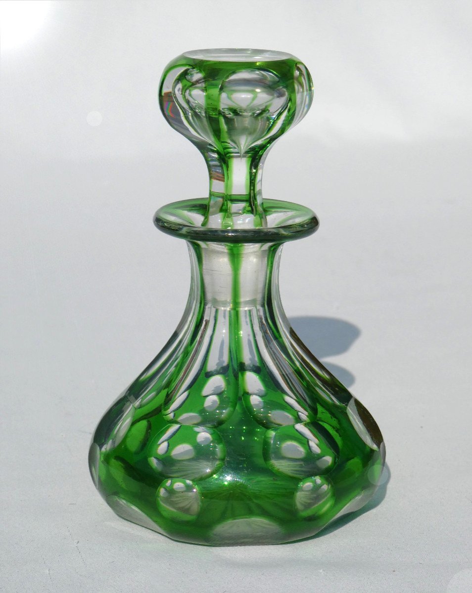 Saint Louis Crystal Perfume Bottle, Emerald Green, Napoleon III 19th Century, Overlay