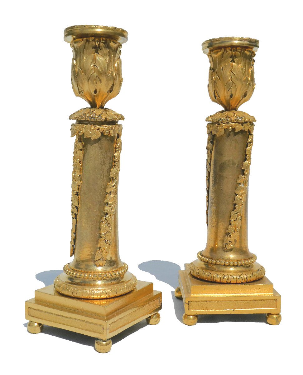 Paire De Flambeaux En Bronze Doré , époque Louis XVI Décor De Laurier , Neo Classique Bougeoirs-photo-1