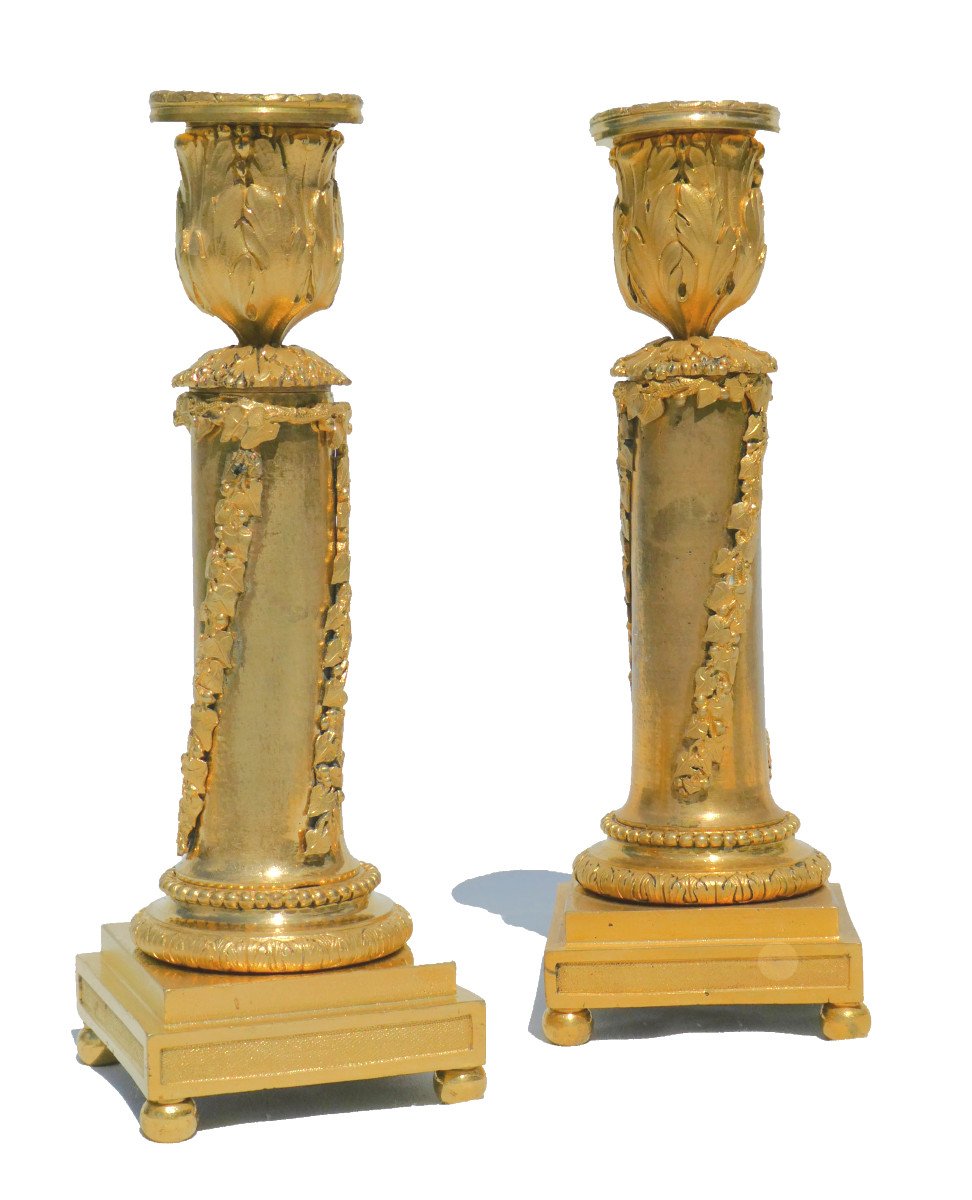 Pair Of Candlesticks In Gilt Bronze, Louis XVI Period Laurel Decor, Neo Classical Candlesticks