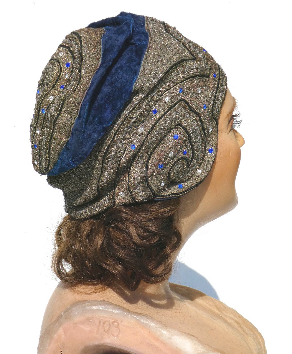 Art Deco Period Prom Headdress, Pearl Embroidery, 1920 Charleston Bonnet, Evening Hat-photo-4