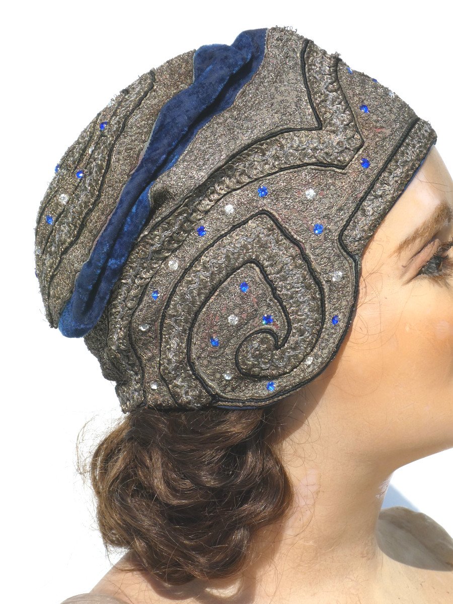 Coiffe De Bal Epoque Art Deco , Broderie De Perles , Bonnet 1920 Charleston ,chapeau De Soirée-photo-1