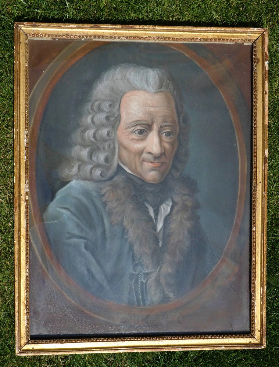 Portrait 18th Century Period, Philosopher Voltaire, Age Of Enlightenment, Pastel, Golden Frame-photo-2