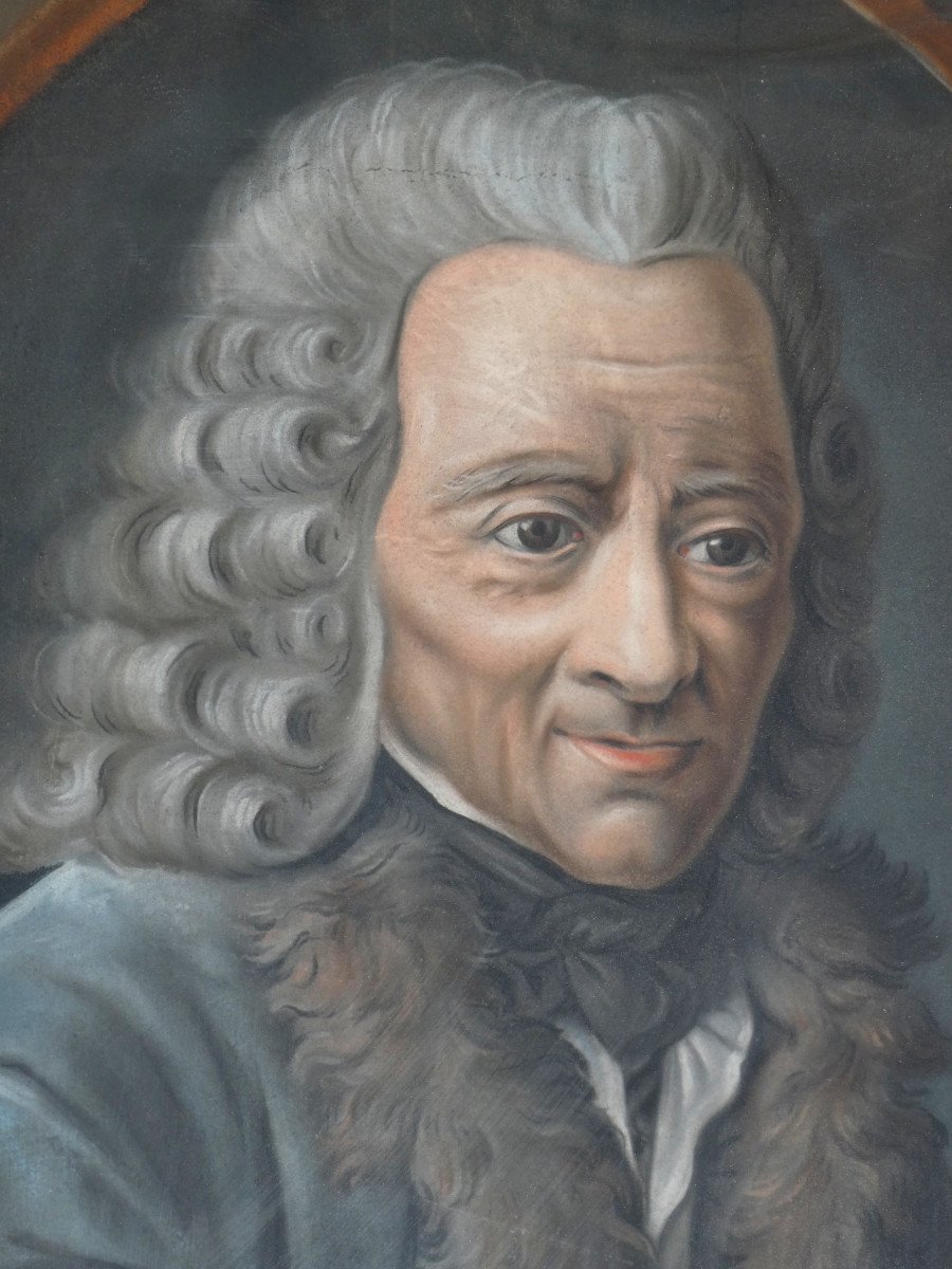 Portrait 18th Century Period, Philosopher Voltaire, Age Of Enlightenment, Pastel, Golden Frame-photo-3