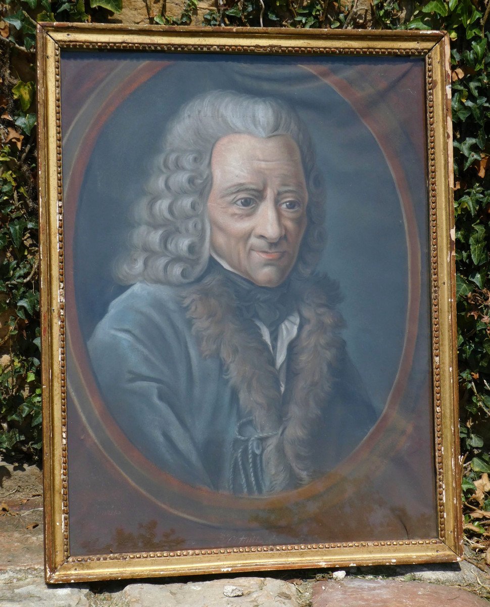 Portrait 18th Century Period, Philosopher Voltaire, Age Of Enlightenment, Pastel, Golden Frame