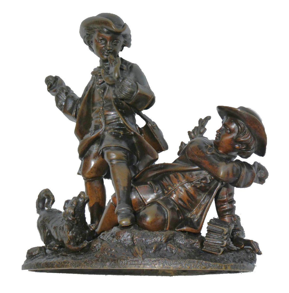 Sculpture En Bronze , Les Joueurs De Balle , Chien époque Napoléon III XIXe , Enfants Louis XV-photo-2