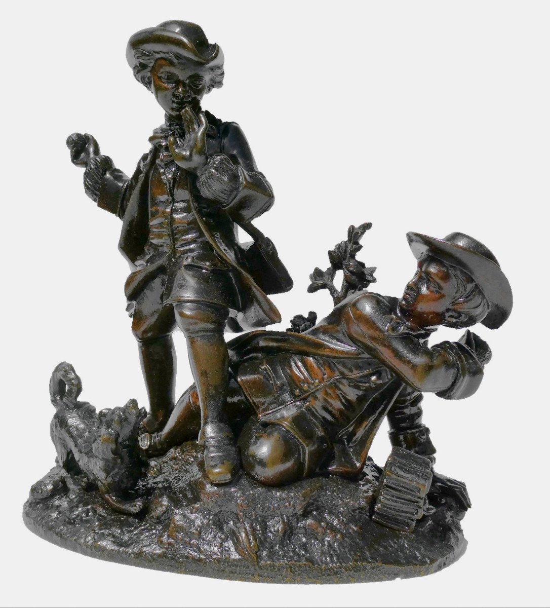 Sculpture En Bronze , Les Joueurs De Balle , Chien époque Napoléon III XIXe , Enfants Louis XV-photo-4