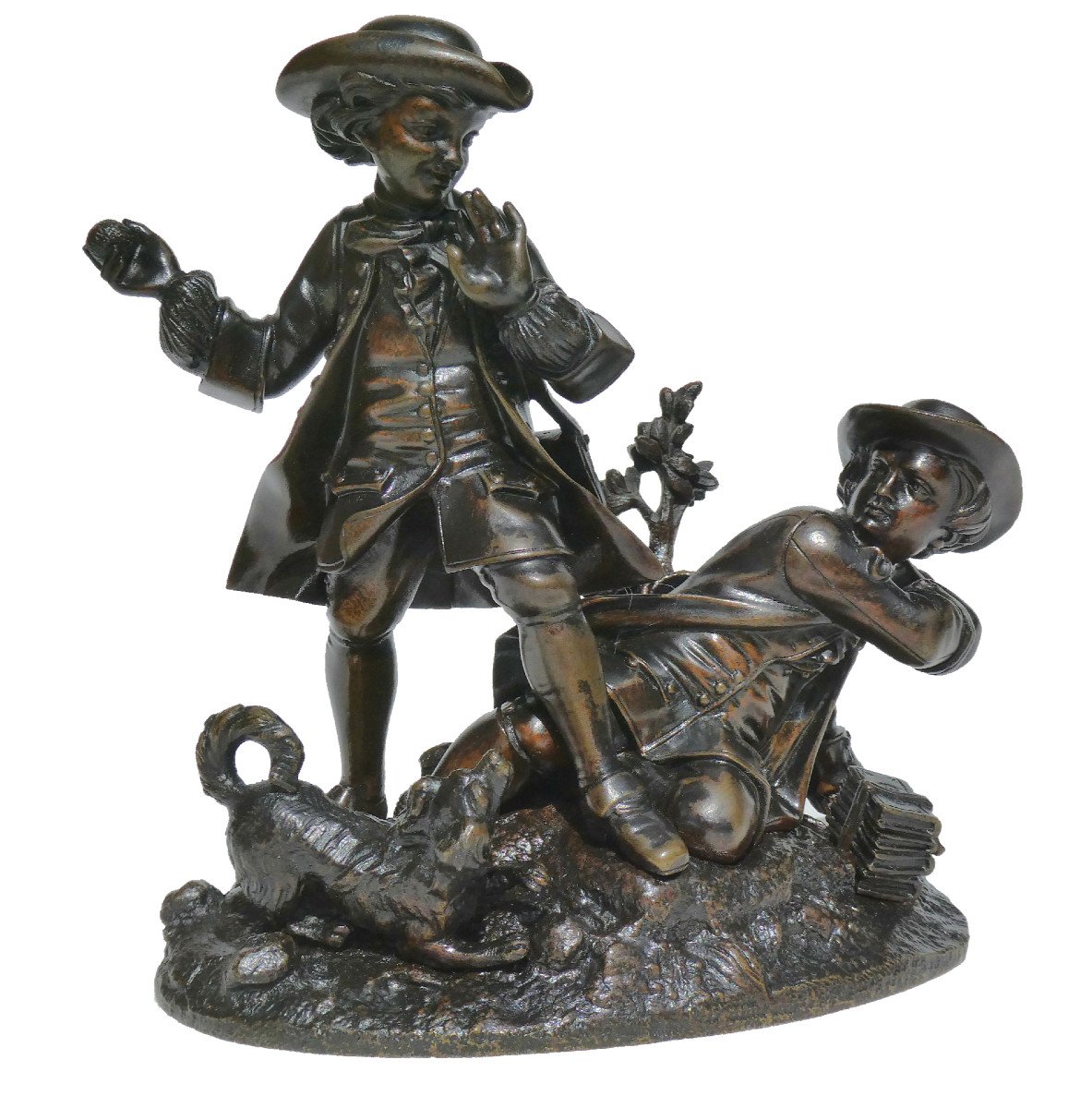 Sculpture En Bronze , Les Joueurs De Balle , Chien époque Napoléon III XIXe , Enfants Louis XV